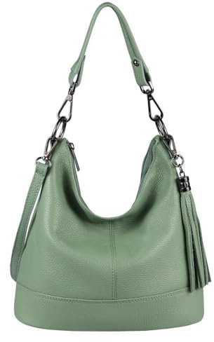 OBC Made in Italy Damen Leder Tasche Umhängetasche Shopper Schultertasche Handtasche Crossbody City Bag Crossover Ledertasche Damentasche Fransen Mint