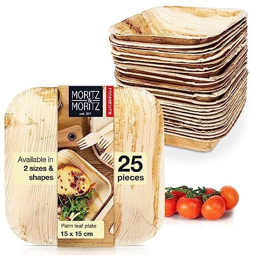 Moritz & Moritz 25-pc ciotole in foglia di palma 15 x 15 cm - 25 piatti usa e getta sostenibili - alternativa alle stoviglie e ai piatti in bambù