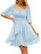 Beluring Womens Short Dress Summer Square Neck Puff Sleeve Boho Beach Flare Mini Dress Light Blue L