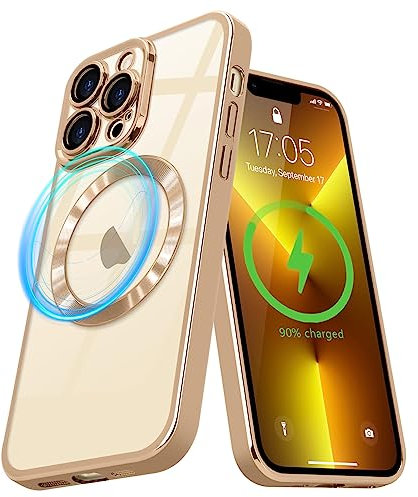 Pepmune Magnetic Case for iPhone 13 Pro Compatible with MagSafe Wireless Charging and Camera Lens Protector,Clear Plating Bumper Shockproof TPU Full Protective,Gold
