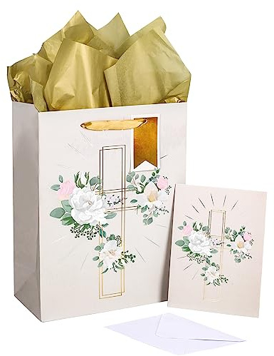 LeZakaa 33 cm Kreuz-Geschenktüte mit Blumen-Motiv, Silberne christliche Geschenktüte mit Seidenpapier, Geschenkanhänger und Karte zur Taufe, religiöse Erstkommunion, Hochzeit, Geisterstag
