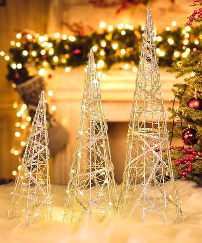 3pcs Lighted Cone Tree Christmas Pyramid Outdoor,Fireside or Window Light Up Xmas Tree,Small PreLit Artificial Christmas Tree with Lights Battery Powered Table Christmas Decoration