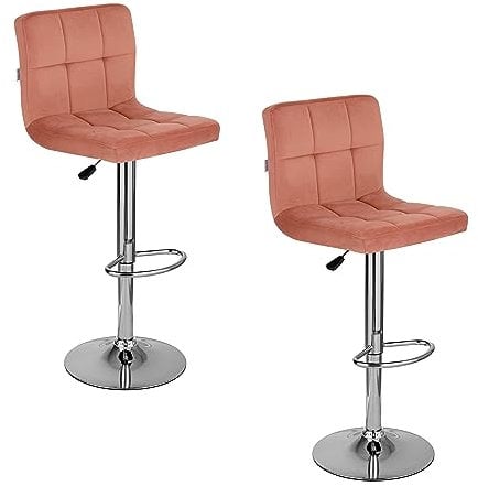 Baroni Home Juego de 2 Taburetes de Bar o Cocina de Tejido Acolchado, Ajustable y Giratorio De 360°, con Respaldo y Reposapiés, Estructura de Acero Cromado, Color Rosa de Terciopelo