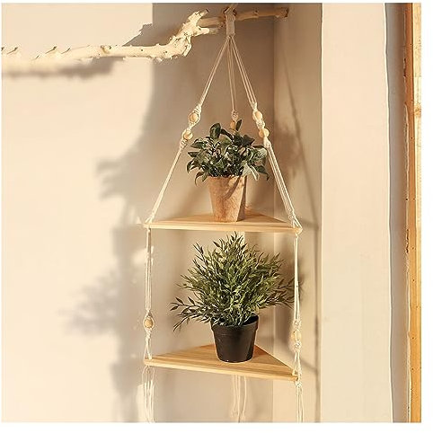 Yurosiay Makramee Wandregal Holz Boho Hängeregal Holz Handgewebte Makramee Schweberegal Natur Baumwollseil Regal Wand Boho Wandbehang Dreiecke Hängeregal für Schlafzimmer 90×32.5cm Beige 1#