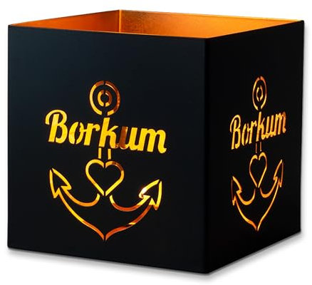 3forCologne Windlicht Laterne Motiv Borkum | Metall Teelichthalter außen schwarz innen gold | Schöner Deko-Kerzenhalter für Stumpenkerzen und Teelichter für innen oder als Terrassenlicht geeignet.