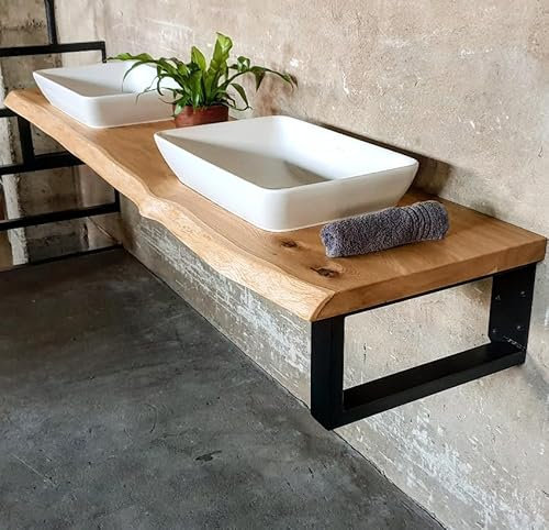 MyTimber® Waschtischplatte aus Eiche Massivholz | 4cm Starke Eichenbohlen | Ideal für Aufsatzwaschbecken | Baumkante oder gerade Kante (Baumkante - gespachtelt & geölt, 160x50cm)