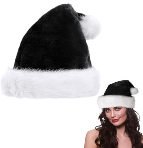 Plüsche Weihnachtsmütze für Erwachsene,Schwarze Santa Mütze mit Plüsch Rand Bequemes Dicker Klassischer nikolaus mütze aus Samt Weihnachtsmann-Kostümzubehör für festliche Partys im neuen Jahr