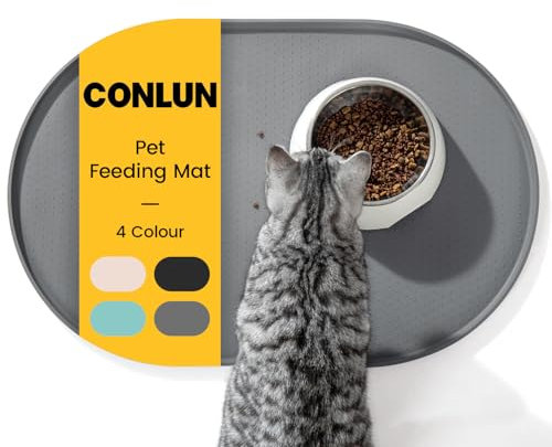 Conlun Napfunterlage Hund,1,2cm Hohe Ränder Futtermatte Katzen zur Vermeidung von Verschüttungen,BPA-Freie Silikonmatte mit Rand Gummi-Hundenapf Unterlage für Futter- und Wassernäpfe(Grau,81x51 cm)