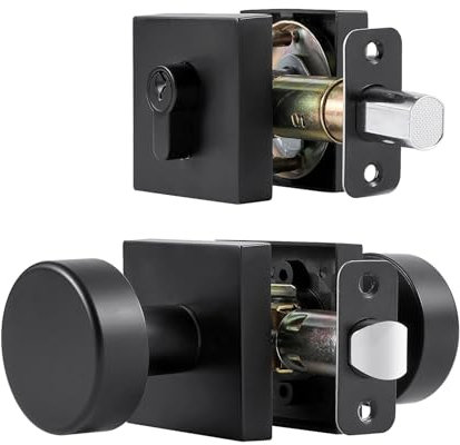 Exterior Black Door Knob with Single Cylinder Deadbolt Lock Set, Round Entry Door Knob with Deadbolt Locksets, Matte Black Front Door Lock Set, Black Front Door Handle and Deadbolt Set with Key