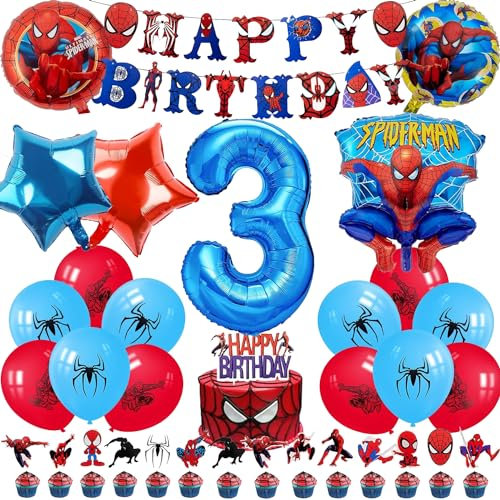 Spider Luftballon Geburtstag Deko 3 Jahre Jungen- Spider Girlande Geburtstagsdeko 3 Jahr Spider Ballon Deko 3. Geburtstag Folienballons Happy Birthday Banner Tortendeko für Kindergeburtstag Party Deko