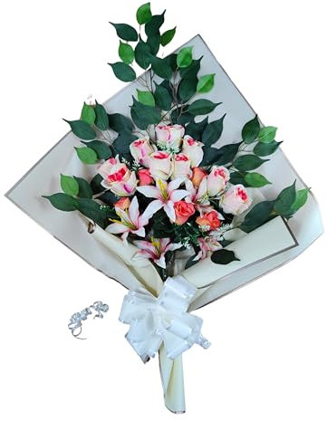 DRW Ramo de Flores para Cementerio Ramo Flores Artificiales para Meter en el Bote Jarron o sobre Sepultura 73x63x20 cm (Capullos y liliums Salmon)