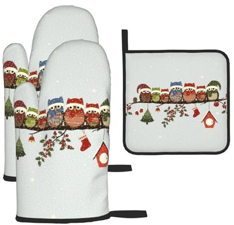 Ufuson Simpatici gufi di Natale su ramo stampa antiscivolo guanti da forno e presine set 5,7 x 11 cucina barbecue cottura cottura