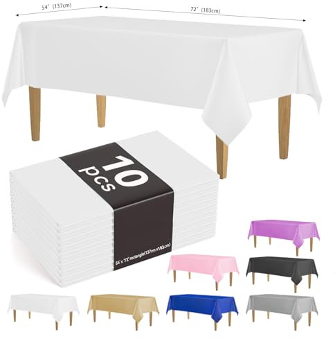 KAshack 10 Stück Einweg Tischdecke aus Kunststoff Weiß,137 x 183 cm,Wasserdicht Geburtstag Tischdecken, Rechteckig Plastik Tischtuch Geeignet für Hochzeit, Party, Kindergeburtstag, Gartentischdecke