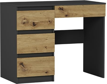 Framire Schreibtisch N-34L Links Anthrazit/Artisan Eiche 90x50x77 cm – Kleiner Computertisch mit Schubladen, Schreibtisch für Büro, Jugendzimmer & Home-Office, Modern N-34L