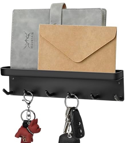 Cuelga Llaves de Pared Con Estantería - 6 Ganchos para Entrada, Pasillo, Despacho - Negro