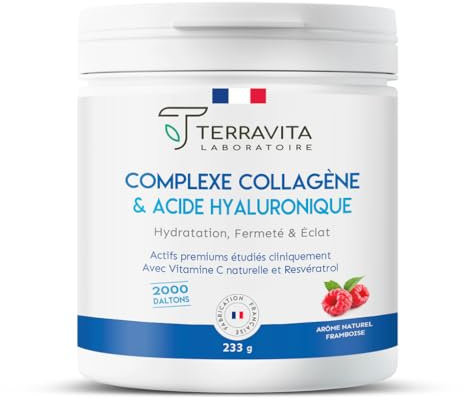 Collagène Marin Peptan + Acide Hyaluronique 200mg + Vit C | Hydratation, Fermeté et Éclat de la Peau | Réduction des Rides Démontrée | 233g de Poudre Goût Framboise | Filière Française | Terravita