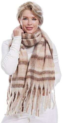 DiaryLook Karierter Warmer Deckenschal für den Winter, Lange Damen Schals, kariert, weich, Wolle, Tartan für Frauen,Beige Plaid