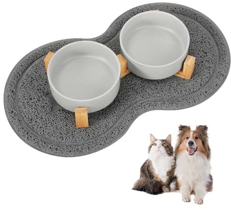 Vexillic Ceramic Dog Bowls, 400 ml, 2 Packs Raised Dog Bowl, Dog Bowls with Bamboo Stand and Non-Slip Mat Suitable for Medium and Small Dogs (Grey)