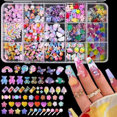Nayyana Eine Schachtel mit 15 Gittern, 3D-Mix Nagelanhänger in verschiedenen Farben, Acryl, süße Nagelkunstanhänger, hohle Süßigkeiten, Schmuck, Nagelzubehör für Nagelkunst-Design