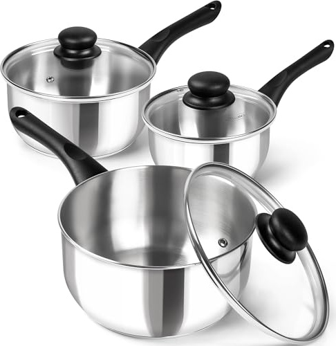 MICHELANGELO Stainless Steel Saucepan with Lid, Triply Base Stainless Steel Pot Set with Bakelite Handle, 1QT & 2QT & 3QT Saucepan Set - 6 Pcs Sauce Pans