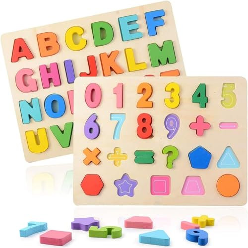 Holzpuzzle Spielzeug, 2 Stück Bunt Alphabet ABC Buchstaben Zahlen Gestalten Klobige Holz Puzzle Blöcke, Learning Brettspiel Lernspielzeug Geschenk für Kleinkinder und Vorschulkinder (B)