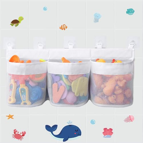 BITOYO Bath Toy Storage Net, Hanging Bath Toy Tidy Organiser and Bath Toy Holder with 3 Pockets, Bathtub Toy Storage and Classification, Bath Toy Storage Basket with Bath Stickers for Baby
