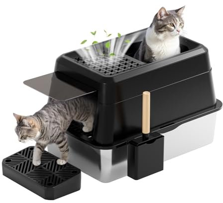 FRETONBA Katzenklo Edelstahl XXL, Katzentoilette 26L Groß Kapazität, Katzentoiletten Hochwandig, Auslaufsicher und Leicht zu Reinigen, Cat Litter Box mit Deckel, Pedal, Schaufel, Schwarz