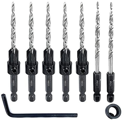 beiyaiey 5Pcs Wood Countersink Drill Bit Set with 2Pcs Counter Sinker Replacement Replacement Accessories Tapered Drill Bit for Drilling Pilot Hole