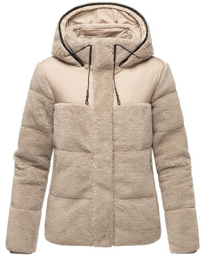 MARIKOO Damen Teddyfleece-Jacke warme Gesteppte Plüschjacke in angesagtem Materialmix mit Kapuze Kaguraa 16 Light Taupe Gr. XL