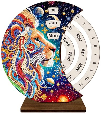 Fiorky DIY Ewiger Kalender-Set, 5D-Diamant-Kunst, manueller drehbarer Tischkalender aus Holz, speziell geformtes Blumentier,Mondgottesdienst, ewiger Kalender,handgefertigter Diamant-Kalender