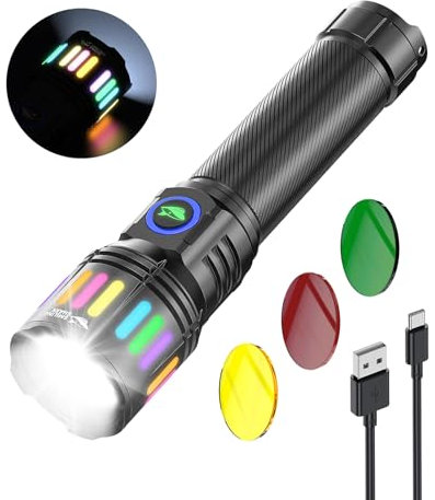 Smiling Shark Taschenlampe, M1 Taschenlampe LED Aufladbar und 4 Modi & Zoombare【3 Farbige Linsen】 Mini Taschenlampen Extrem Hell für Camping/Wandern/Zuhause/Notfälle, Schwarz