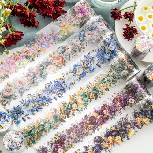 Scrapbooking Zubehör Stickers Set,Arpaper 6 Rolls PET Blumen Aesthetic Washi Tape Stickers Decorative for Journal,Bullet Journal Zubehör,Photo Album,Notebook,DIY Crafts(Blooming Flowers Series)