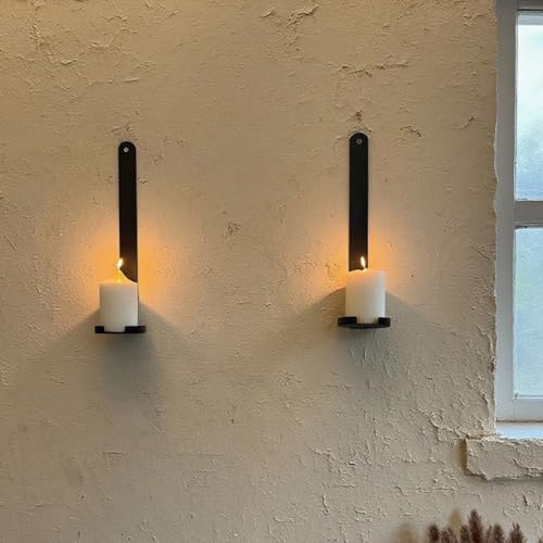 Set of 2 Wrought Iron Wall Candle Sconces - Rustic Farmhouse Candelabras with 3.07 Platform for Standard Pillar Candles, Indoor/Outdoor Gothic Dark Academia Decor (12.5 Antique Metal Holder)