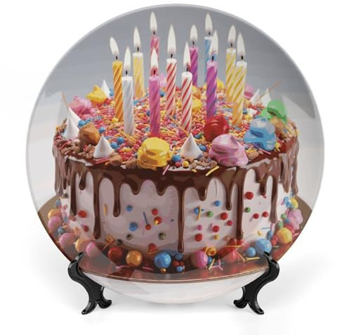 Piatto decorativo decorativo in porcellana Bone China con scritta Happy Birthday, in ceramica, con base, piatti piani rotondi personalizzati, artigianato in porcellana fine, da collezione, per