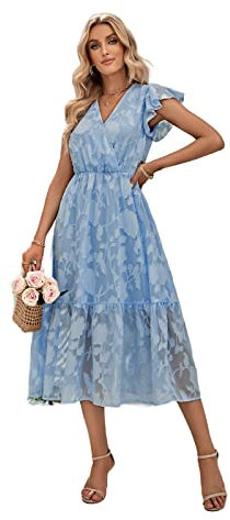 HEYPORK Damen Frühling Sommer Rock Bequem Lässig Kleider Mode Elegant Röcke Frauen Casual V-Ausschnitt Floral ärmelloses Langes Kleid(A Blau, XL)