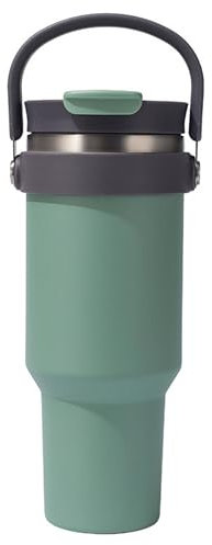 Oyadomi Thermobecher mit Strohhalm und Henkel 1.2L Trinkflasche Edelstahl Thermosflasche BPA Frei Trinkbecher Auslaufsicherer Kaffeebecher to Go, Grün, 1200 ml