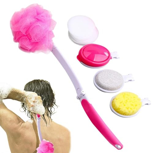 Bade-Körperbürsten-Set, abnehmbarer langer Griff, Rückenbürste mit 4 Bürstenköpfen, Badewannenbürsten-Set, faltbare Rücken-Badebürste für Dusche