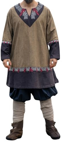 Leonardo Carbone® Unisex Tunika Freydis | Handstickerei | V-Ausschnitt | Karneval, Halloween, Cosplay, LARP, Mittelalter, Wikinger, Kostüm, Gewand | 100% Baumwolle Sand S/M