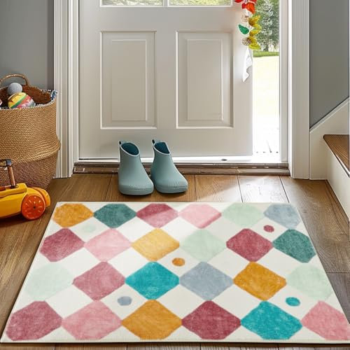 TOPICK Fußmatte Waschbar Fussmatte Innen Kurzflor Weich Modern Rauten Teppich 60x90cm Geometrischer Antibakterieller Faltbar rutschfest Türmatte für Haustür Eingang Küche Patio Kinderzimmer Konfetti