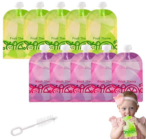 10 Stück Quetschbeutel Wiederverwendbar 150ML Quetschies zum Selbstbefüllen Baby Lebensmittel Quetschbeutel für Babynahrung Smoothies Und Püree (Grün+Lila)