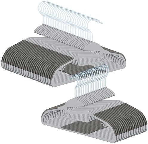 OGIVO Kunststoff Kleiderbügel – 50 er Set - rutschfest Bügel für Ihren Garderobe - kleine Stange für Krawatten - Haken um 360° drehbar - für trockene und nasse Kleidung - platzsparend (Grau)