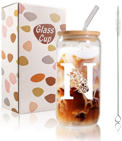 Bliceon A-Z Initial Personalised Birthday Gifts for Women, 500ml Iced Coffee Glass Cups for Mum, Friends and Sisters, Men, Dad, Iced Coffee Cup Gift with Lids and Straws (N)