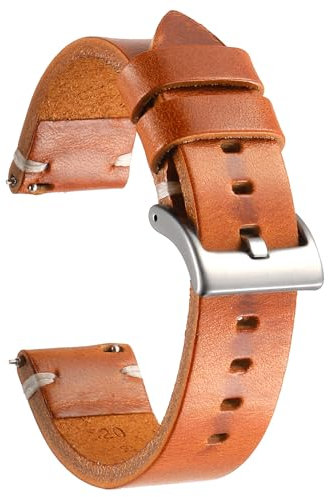 Berfine Rindsleder Uhrenarmband, Retro Handgemacht Vintage Quick Release Dick Leder Uhrenband mit Schnalle aus Edelstahl, Ersatzarmband für Smartwatch Damen Herren 22mm Bourbon-Braun