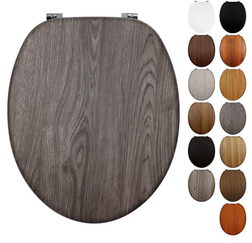 Fanmitrk Traditional Wooden Toilet Seat - Adjustable Zinc Alloy Hinges - Made of Multiple Styles Wood Grain MDF - Easy to Clean and Install for Bathroom 43.3 x 36.8 x 5.5 cm (JHE105-3-02)