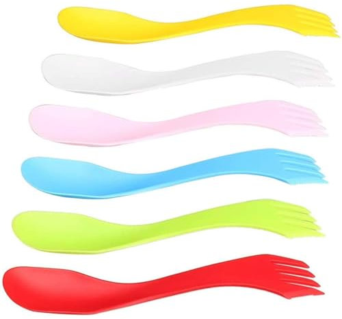 6Pcs Plastic Spork Lightweight & Strong All in One Camping Cutlery Spoon Fork Knife Set Portable and Reusable Camping Spork Flatware for Backpacking Hiking Outdoors