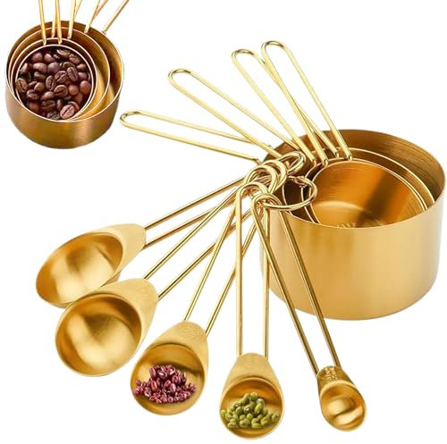9 pezzi di misurazione di tazze e cucchiai, set di tazze di misurazione e cucchiai in oro in acciaio inossidabile, tazza impilabile cucchiaio cucina cucina cottura oro