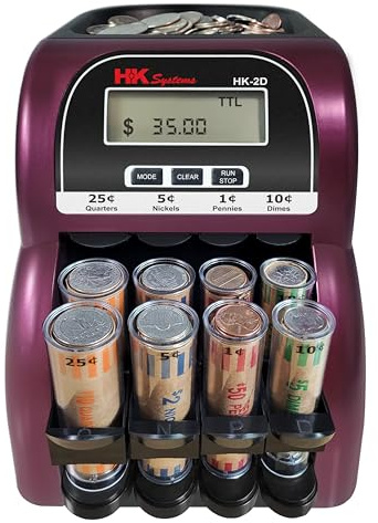 HK SYSTEMS HK-2D, Digital USD Coin Counter and Sorter with LCD Display, Sorts 260 Coins Per Minute into Coin Wrappers, 2 Row Coin Wrapper Tubes Included