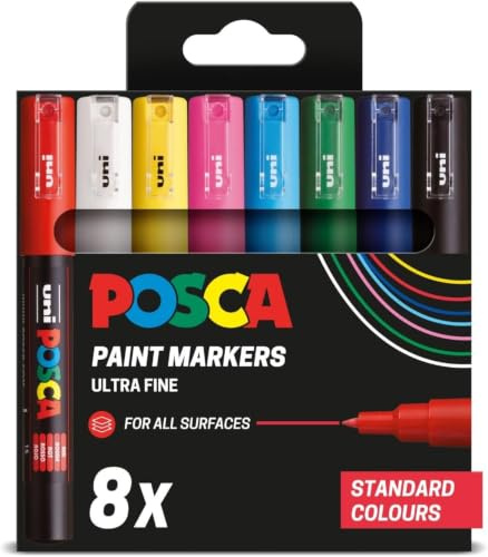 POSCA PC-1M Extra-Fine Tip Acrylic Paint Marker Pens (8-Pack) | 8 Standard Colours, 0.7–1 mm Tip, Suitable for All Surfaces, Water-Based, Biodegradable Packaging