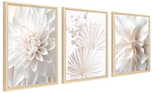3 Pcs Weißer Lotus Pfingstrose Palmblätter Leinwand Bilder Mit Rahmen Malerei Poster Minimalistische Blume Bild Wandbilder Wohnzimmer Schlafzimmer Wanddeko 40x60cm x3 (16x24x3pcs) (Kein Plexiglas)