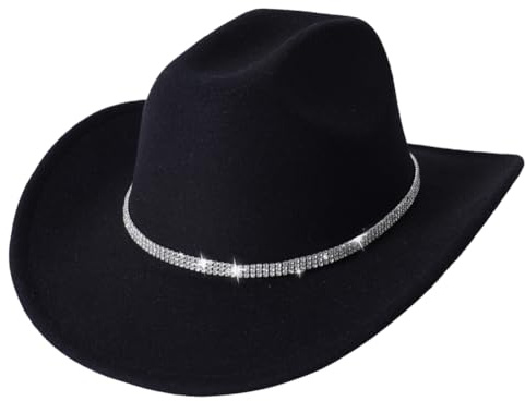 Besforta Glitzer-Cowboyhut, klassischer Western-Strass-Cowgirl-Hut, Outdoor, breite Krempe, Retro-Filz, Fedora-Hüte, aufgerollte Kappen